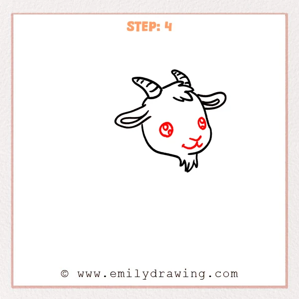 how to draw a cartoon goat - A cartoon goat head with striped horns, fluffy hair, long ears, and now big shiny eyes plus a small smiling mouth.